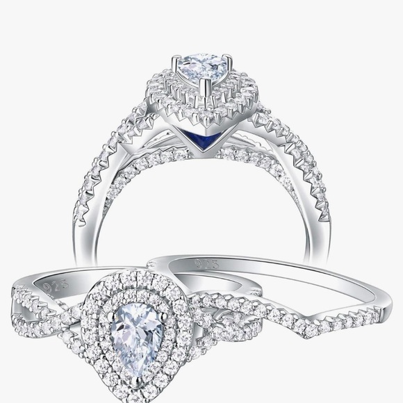 Sterling silver pear shaped, pave engagement style ring set, size 8 - Picture 3 of 3